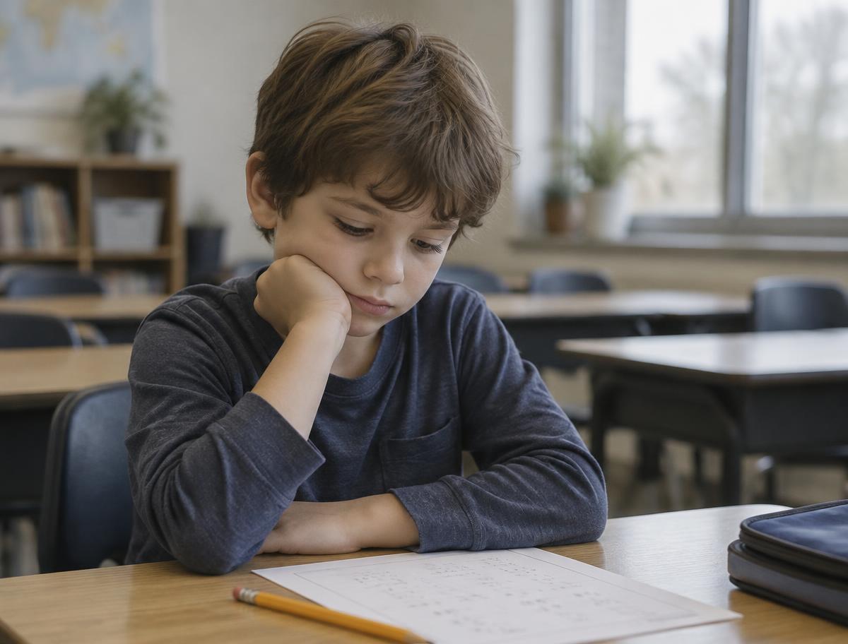 A discouraged student sitting alone at a classroom desk
