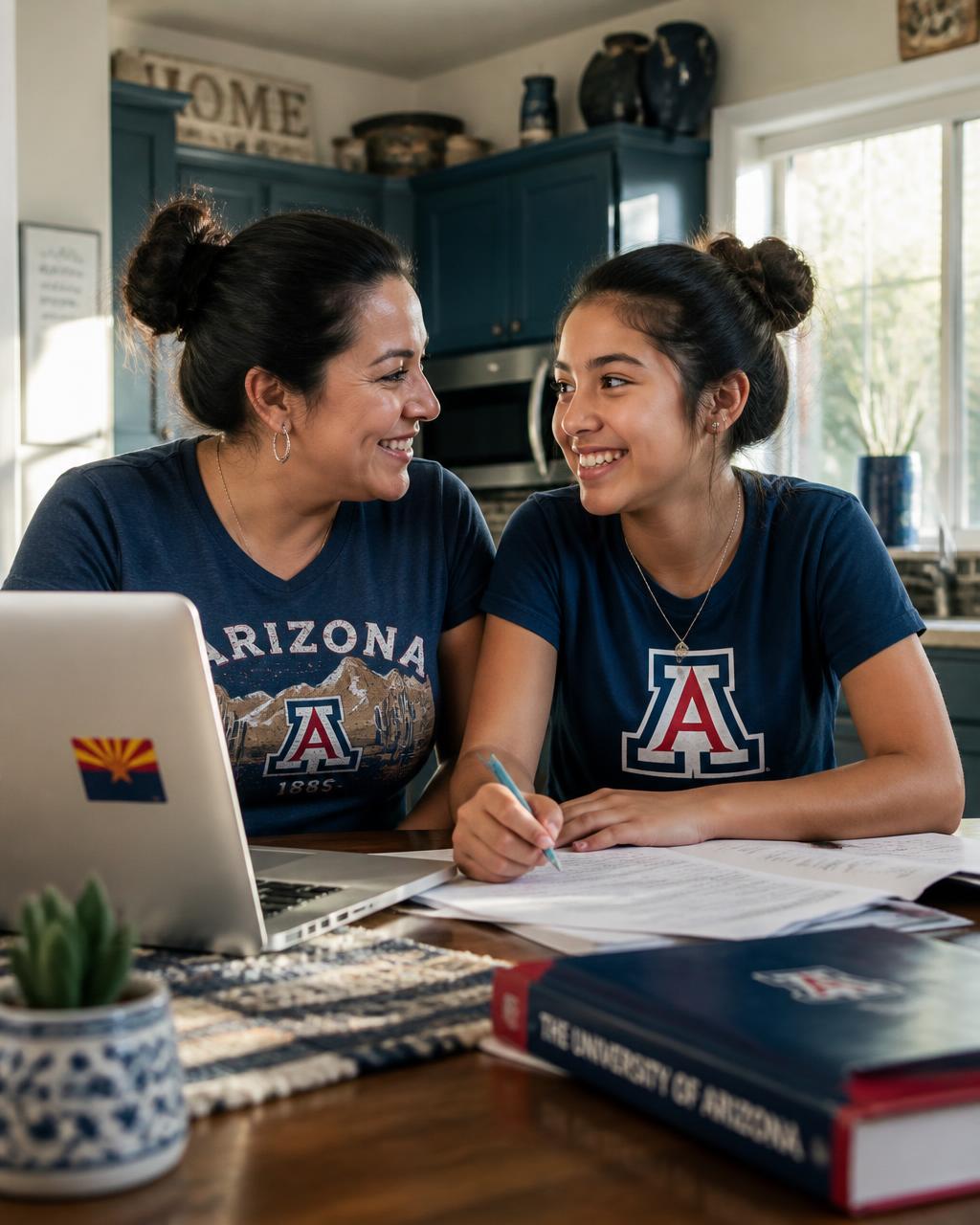 A mother and her daughter reviewing school options together at the kitchen table