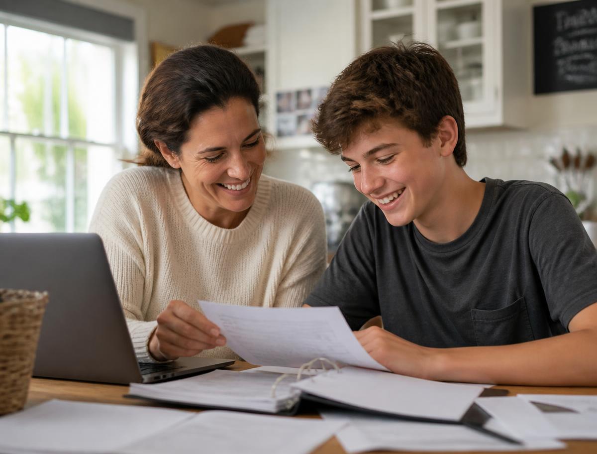 A mother and her teenage son smiling together, happy with their education